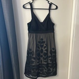 V neck black dress with sheer skirt panel skirt